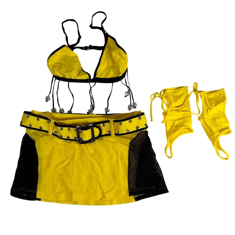 Latin Angel VTG Yellow Black Rave Festival Outfit Set Beaded Bra Mesh Skirt Med